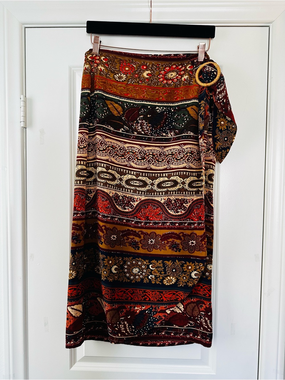100% Silk Boho Stripe Midi Wrap Skirt - Multi